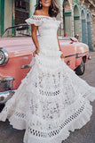 ZJKRL - Celebrities Elegant Solid Lace Hollowed Out Without Belt Off the Shoulder A Line Dresses