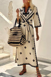 ZJKRL  -  Bohemian Elegant Geometric Print With Belt V Neck A Line Dresses(4 Colors)