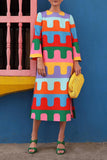 ZJKRL  -  Sweet Cute Geometric Print Contrast O Neck A Line Dresses