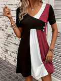 Zjkrl  -  Vibrant Color Block V-Neck Chic Dress - Women's Casual Short Sleeve Loose Fit Dresses for Everyday Wear - Comfortable, Breathable, and Stylish Clothing for Ladies