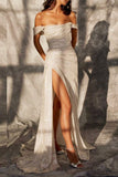 ZJKRL  -  Casual Formal Solid Slit Sequined Off the Shoulder Evening Dress Dresses