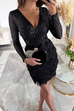 ZJKRL - Sexy Solid Tassel Sequins V Neck Wrapped Skirt Dresses
