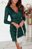 ZJKRL - Sexy Solid Tassel Sequins V Neck Wrapped Skirt Dresses