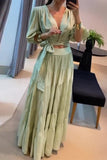 ZJKRL - Elegant Simplicity Solid Frenulum V Neck Half Sleeve Two Pieces