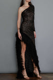 Sexy Party Solid See-through Feathers Oblique Collar Irregular Dress Dresses