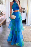ZJKRL - Elegant Gradual Change Print Mesh Halter Sleeveless Two Pieces