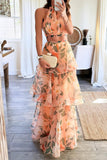 ZJKRL - Elegant Gradual Change Print Mesh Halter Sleeveless Two Pieces