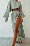 Zjkrl - Casual Solid Slit O Neck Long Sleeve Two Pieces