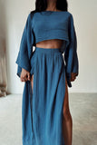 Zjkrl - Casual Solid Slit O Neck Long Sleeve Two Pieces
