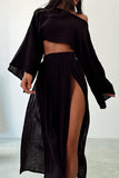 Zjkrl - Casual Solid Slit O Neck Long Sleeve Two Pieces