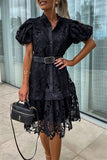 ZJKRL - Elegant Solid Hollowed Out Buttons With Belt Turndown Collar A Line Dresses