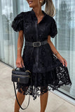 ZJKRL - Elegant Solid Hollowed Out Buttons With Belt Turndown Collar A Line Dresses