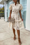 ZJKRL - Elegant Solid Hollowed Out Buttons With Belt Turndown Collar A Line Dresses