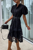 ZJKRL - Elegant Solid Hollowed Out Buttons With Belt Turndown Collar A Line Dresses