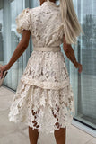 ZJKRL - Elegant Solid Hollowed Out Buttons With Belt Turndown Collar A Line Dresses