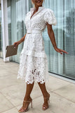 ZJKRL - Elegant Solid Hollowed Out Buttons With Belt Turndown Collar A Line Dresses