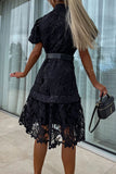 ZJKRL - Elegant Solid Hollowed Out Buttons With Belt Turndown Collar A Line Dresses