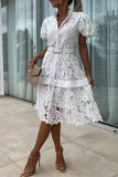 ZJKRL - Elegant Solid Hollowed Out Buttons With Belt Turndown Collar A Line Dresses