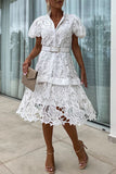 ZJKRL - Elegant Solid Hollowed Out Buttons With Belt Turndown Collar A Line Dresses
