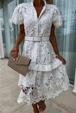 ZJKRL - Elegant Solid Hollowed Out Buttons With Belt Turndown Collar A Line Dresses