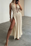 ZJKRL - Sexy Bohemian Solid Slit V Neck Beach Dresses(3 Colors)