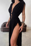 ZJKRL - Sexy Bohemian Solid Slit V Neck Beach Dresses(3 Colors)