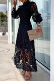 ZJKRL - Celebrities Elegant Solid Hollowed Out Half A Turtleneck Waist Skirt Dresses(4 Colors)