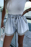 Zjkrl - Casual Street The stars Draw String Hot Drill High Waist Loose Denim Shorts