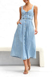 Zjkrl - Elegant Solid Make Old Pocket Buckle V Neck Sleeveless Loose Denim Dresses