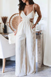 Zjkrl - Casual Solid Pocket Backless V Neck Loose Jumpsuits