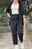 Zjkrl - Casual Daily Solid Pocket Frenulum Turndown Collar Long Sleeve Two Pieces