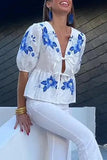 Zjkrl - Casual Not Positioning Printed Flowers Frenulum V Neck Tops