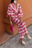 Zjkrl - Casual Sweet Plaid Fold Contrast V Neck Long Sleeve Two Pieces