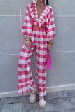 Zjkrl - Casual Sweet Plaid Fold Contrast V Neck Long Sleeve Two Pieces