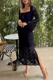 ZJKRL - Sexy Solid Lace Slit O Neck One Step Skirt Dresses