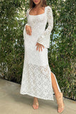 ZJKRL - Sexy Solid Lace Slit O Neck One Step Skirt Dresses