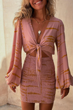 ZJKRL - Sexy Vacation Geometric Print Lace Up Contrast V Neck Wrapped Skirt Dresses