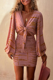 ZJKRL - Sexy Vacation Geometric Print Lace Up Contrast V Neck Wrapped Skirt Dresses