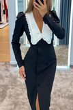 ZJKRL - Celebrities Elegant Slit Contrast Peter Pan Collar One Step Skirt Dresses