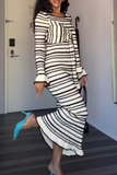 ZJKRL - Casual Stripe Patchwork Bow Decor Contrast O Neck One Step Skirt Dresses