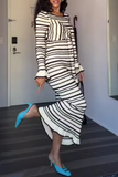 ZJKRL - Casual Stripe Patchwork Bow Decor Contrast O Neck One Step Skirt Dresses