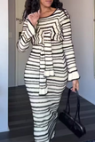 ZJKRL - Casual Stripe Patchwork Bow Decor Contrast O Neck One Step Skirt Dresses
