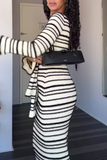 ZJKRL - Casual Stripe Patchwork Bow Decor Contrast O Neck One Step Skirt Dresses