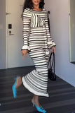 ZJKRL - Casual Stripe Patchwork Bow Decor Contrast O Neck One Step Skirt Dresses