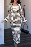 ZJKRL - Casual Stripe Patchwork Bow Decor Contrast O Neck One Step Skirt Dresses