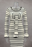 ZJKRL - Casual Stripe Patchwork Bow Decor Contrast O Neck One Step Skirt Dresses