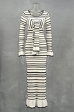 ZJKRL - Casual Stripe Patchwork Bow Decor Contrast O Neck One Step Skirt Dresses