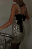 ZJKRL - Sexy Sequins Lace Up Backless O Neck Wrapped Skirt Dresses