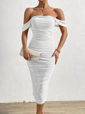 Elegant Off-The-Shoulder Ruched Bodycon Dress - High-Elasticity, Skin-Tight, Solid-Colored, Knit Fabric, Hand-Washable, Perfect for Party, Banquet, and Vacation - Womens All-Season Clothing