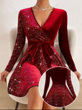 Stunning Solid Contrast Sequin Mini Dress - Elegant V Neck Long Sleeve Dresses for Women - Sparkling Evening Wear with Flattering Fit and Chic Design